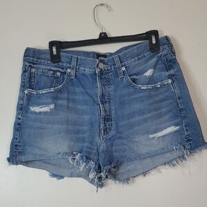 Edwin Cai Cut Off Denim Shorts Size 31 Button Fly Medium Wash Distressed Cotton